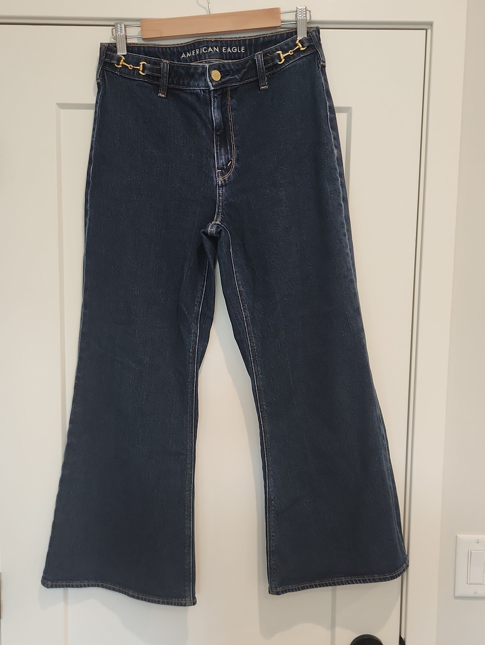 American Eagle Outfitters High Rise Dark Wash Flare Jeans with Gold Accent